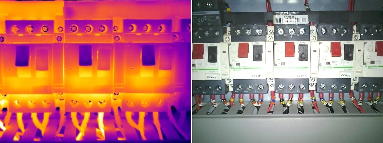 Thermal and visual comparison of phase imbalance at the load side of a motor overload unit, indicating possible issues with the supplied motor