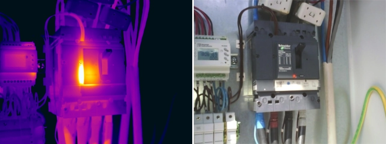 Thermal and visual comparison of excessive localised temperature at an MCCB shunt-trip or undervoltage coil, indicating possible degradation