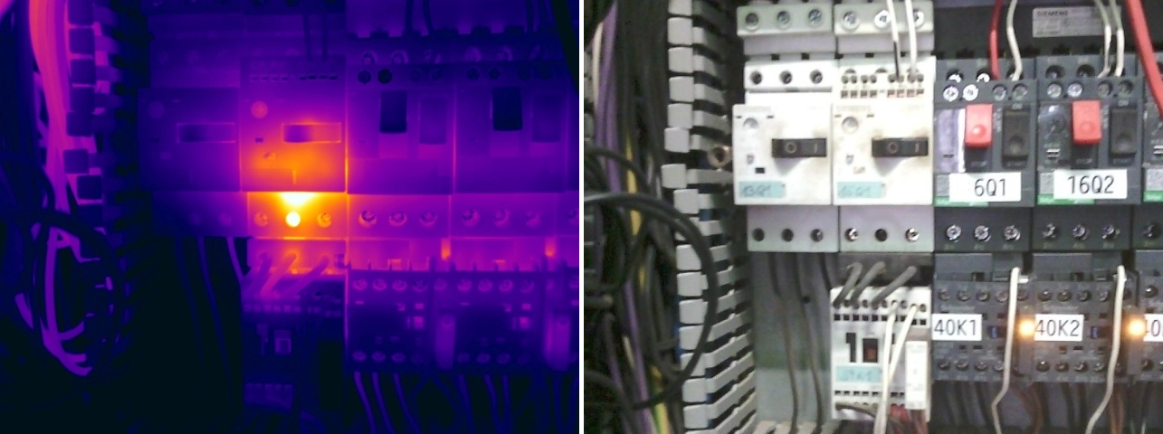 Thermal and visual comparison of localised internal heating within a motor overload unit, indicating possible degradation and nuisance-tripping risk