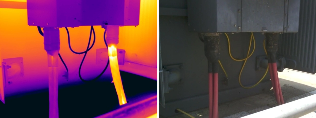 Thermal and visual comparison of temperature rise on one ring cable connected to an RMU, indicating a possible internal Ring Main Unit issue