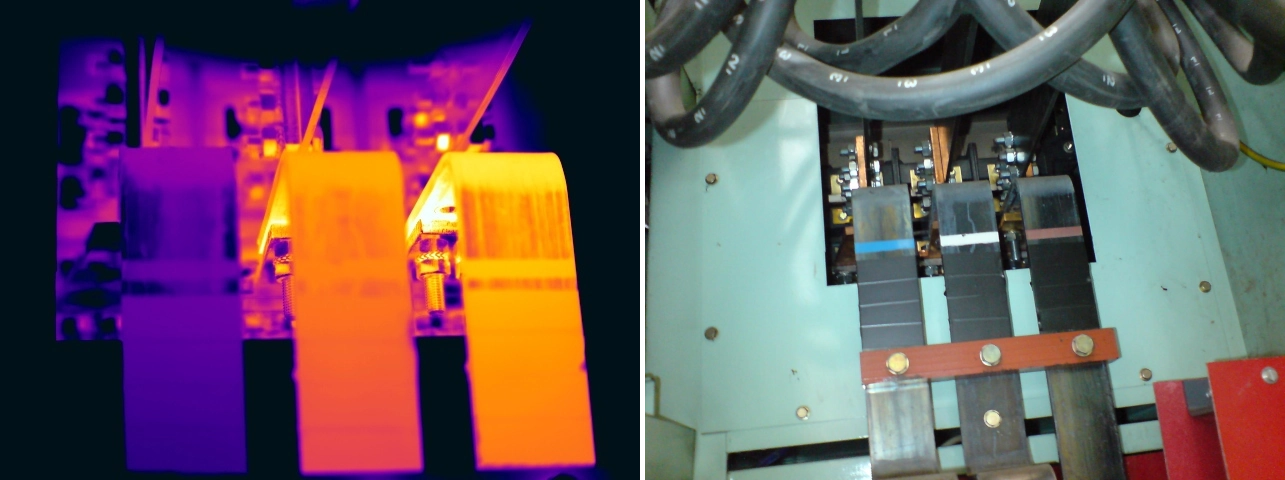 Thermal and visual comparison of temperature rise at an LV switch-to-busbar assembly under comparable phase loading, indicating possible high resistance or internal switch degradation