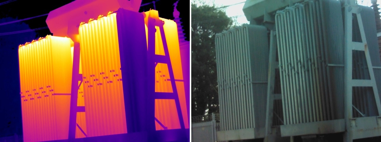 Thermal and visual comparison of one transformer radiator bank showing no oil flow and limiting cooling performance