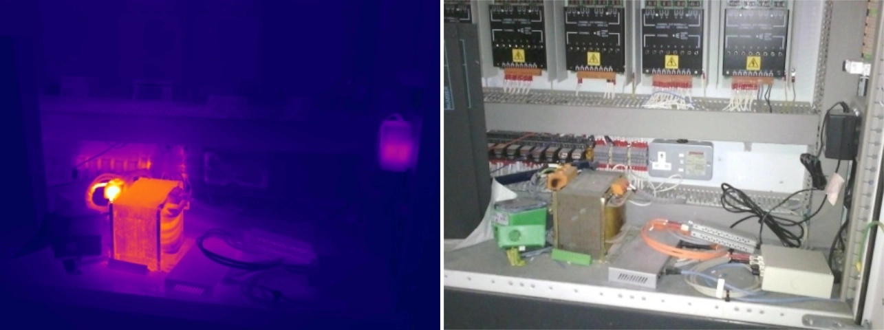 Thermal and visual comparison of a poor electrical connection at a control-panel PSU transformer terminal block