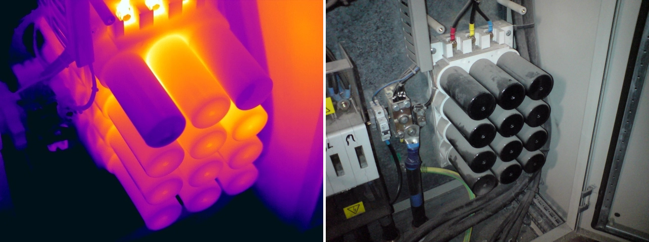 Thermal and visual comparison of two outer capacitors operating cooler than comparable capacitors in the bank, indicating possible dielectric failure