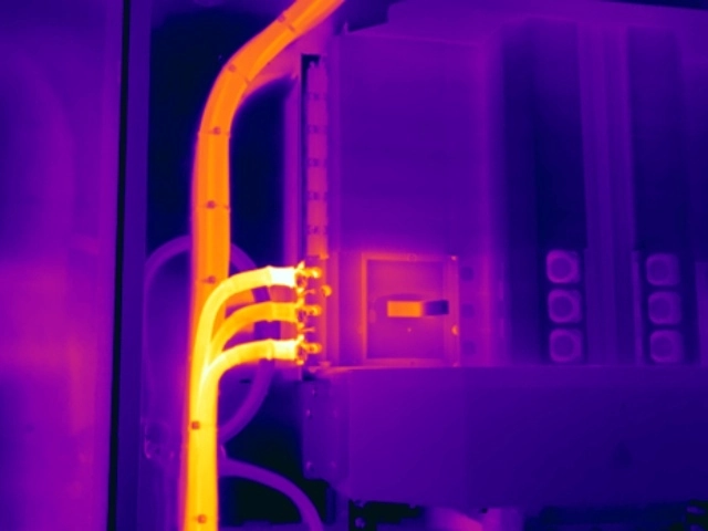 Thermal image showing temperature rises at two UPS panel-board cable lug terminations despite balanced phase current