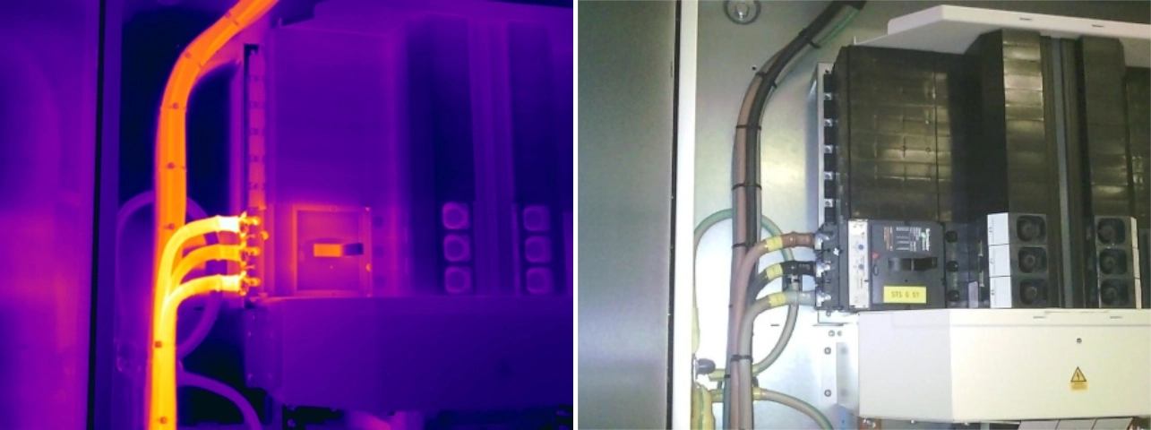 Thermal and visual comparison of temperature rises at two UPS panel-board cable lug terminations despite balanced phase current