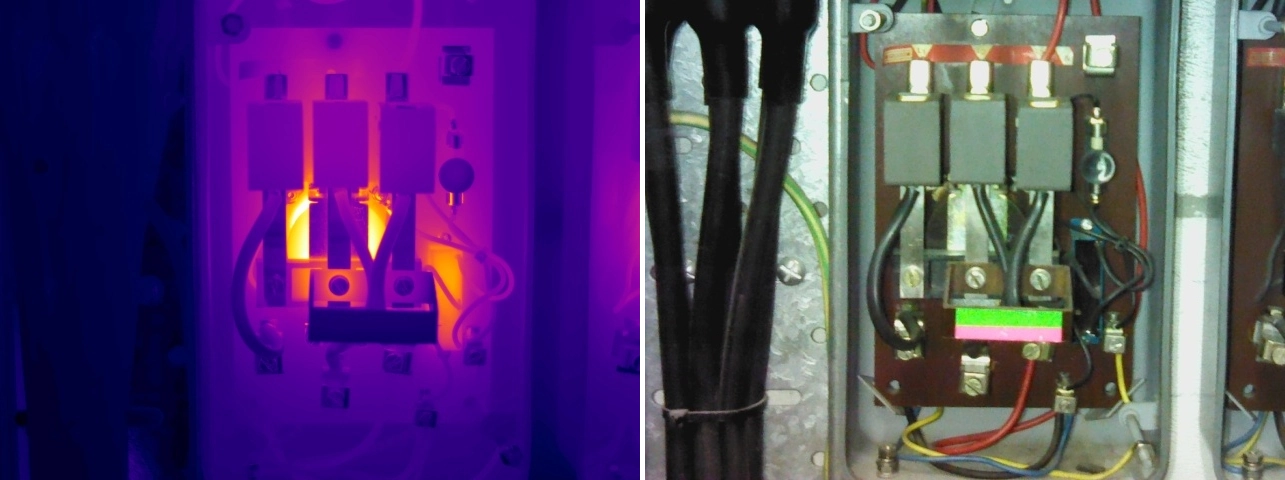 Thermal and visual comparison of excessive temperature at a contactor control coil, indicating possible winding degradation
