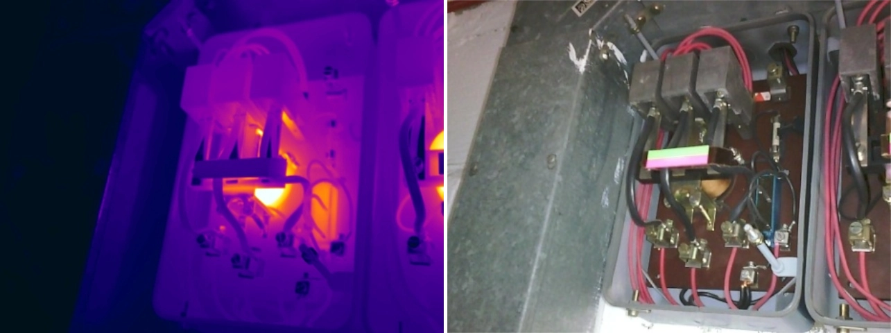 Thermal and visual comparison of excessive temperature at the control coil of an alternative contactor type, indicating possible winding degradation