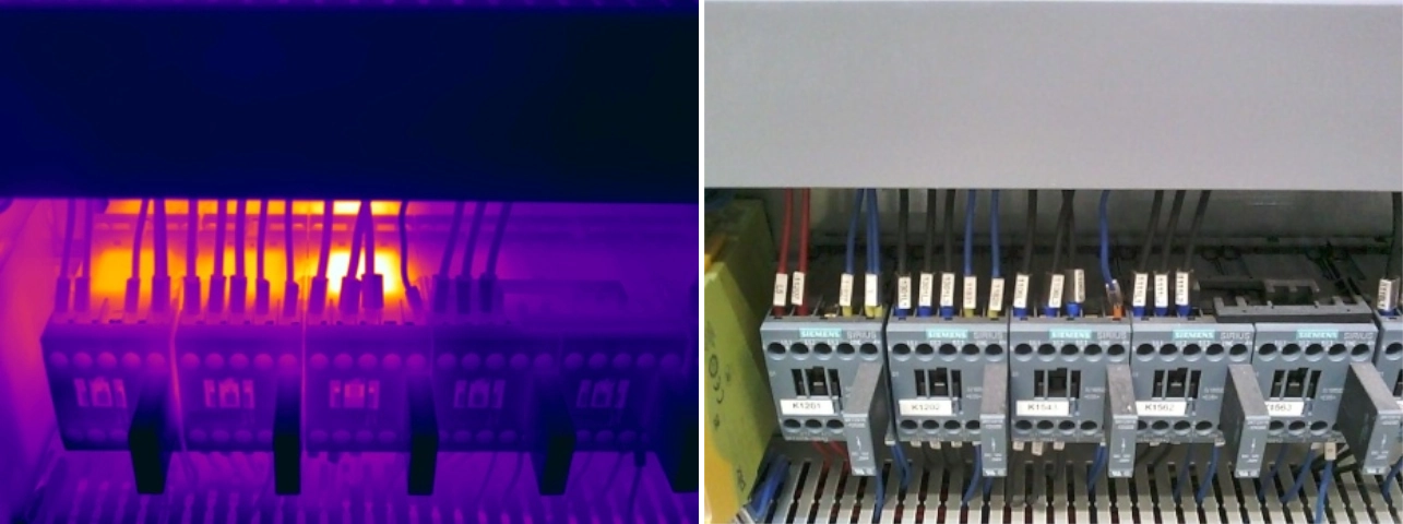 Thermal and visual comparison of excessive temperature at another contactor control coil, indicating possible winding degradation