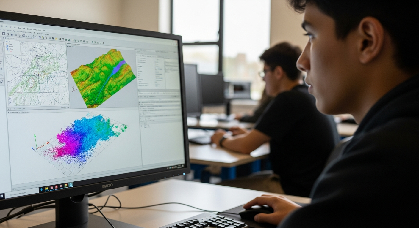 Formation technicien géomètre topographe : étudiant analysant des données topographiques sur un logiciel de CAO.