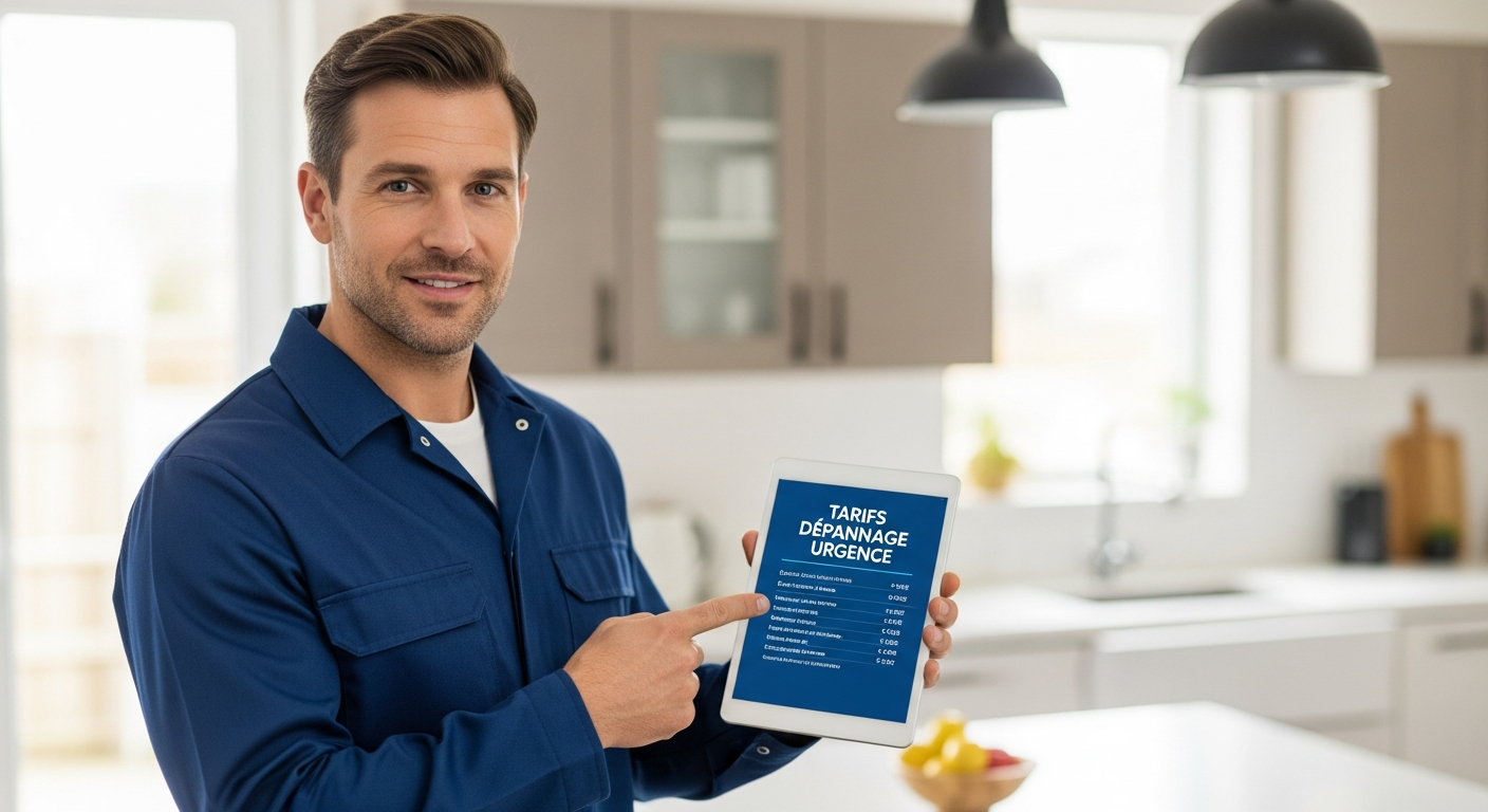 Tarif horaire plombier dépannage urgence : un plombier professionnel présente une grille tarifaire claire sur sa tablette.