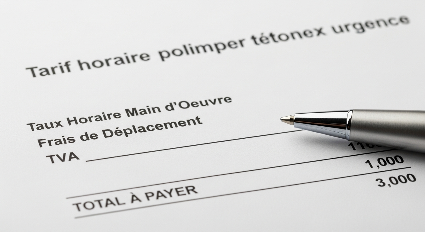 Tarif horaire plombier dépannage urgence : détail d'une facture de plomberie montrant le coût de la main-d'œuvre et des pièces.