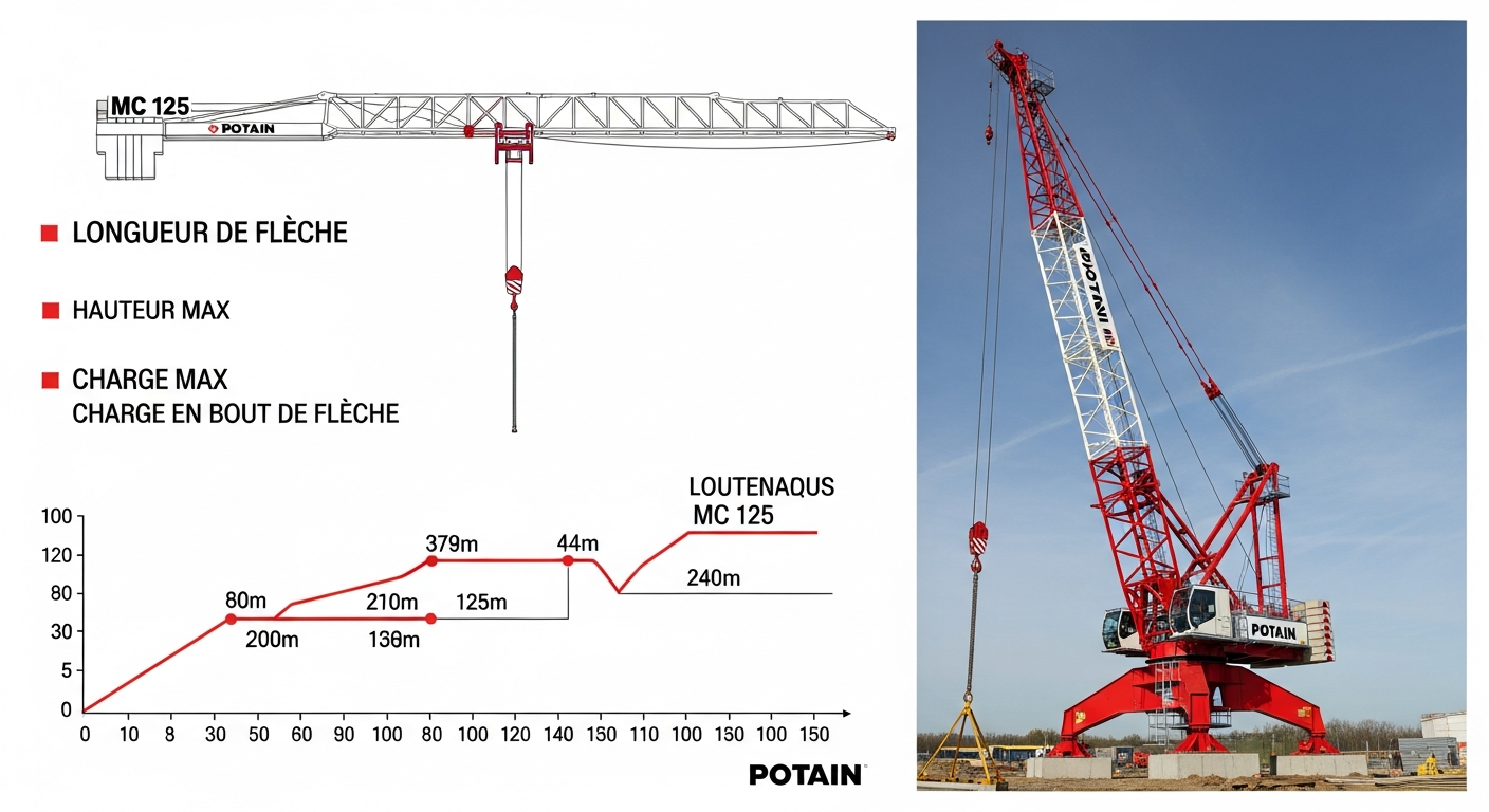 Potain MC 125 diagramme de charge et spécifications techniques détaillées