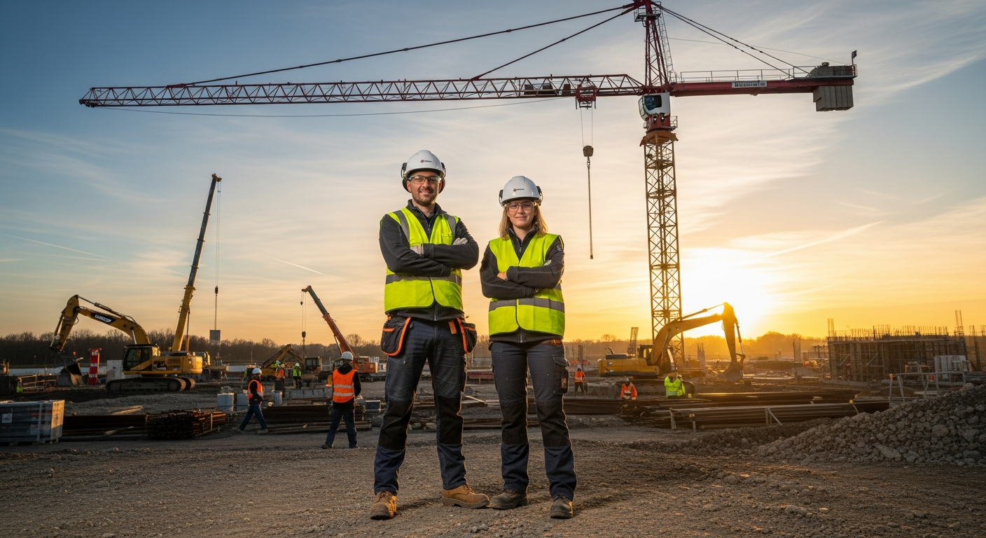 Homme et femme grutiers professionnels devant une grue à tour.