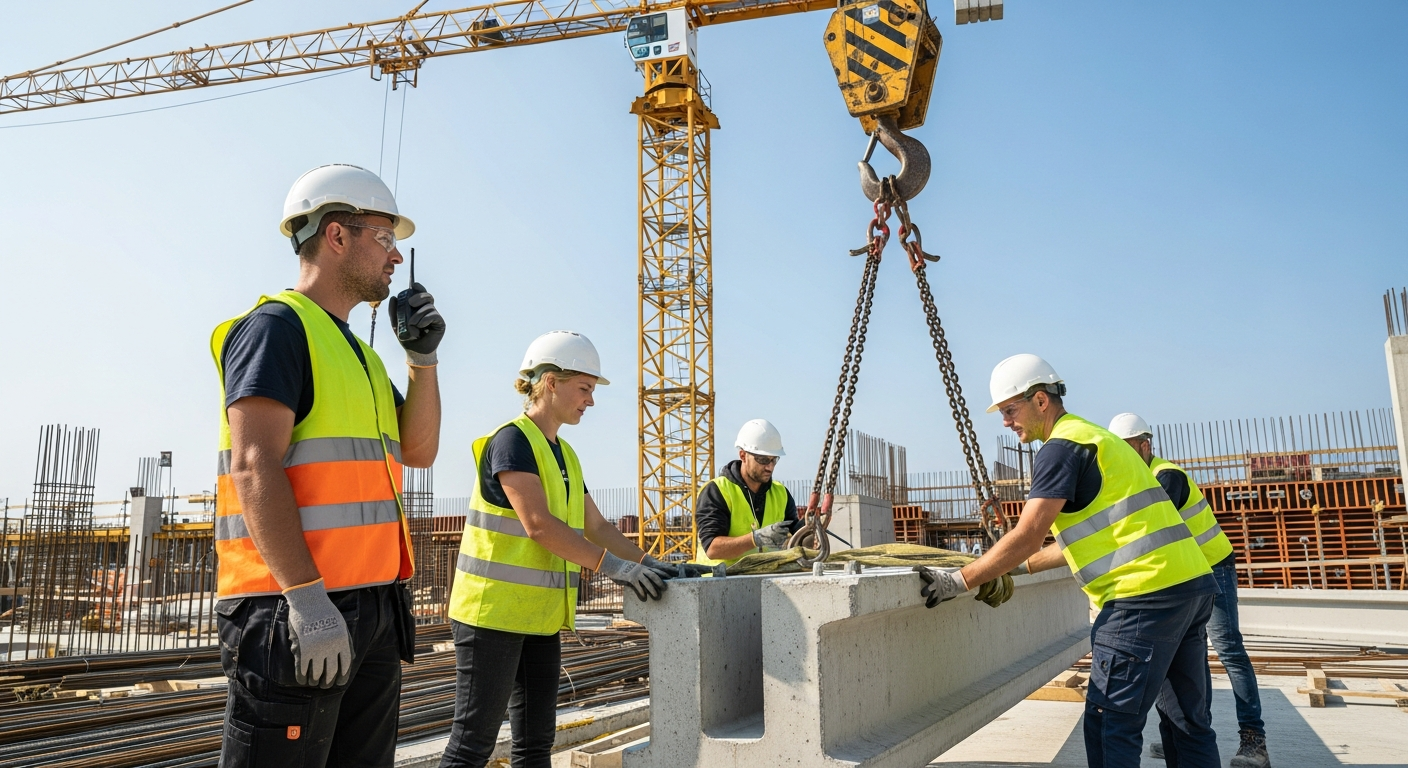 Ouvriers au sol préparant une charge pour levage par grue.