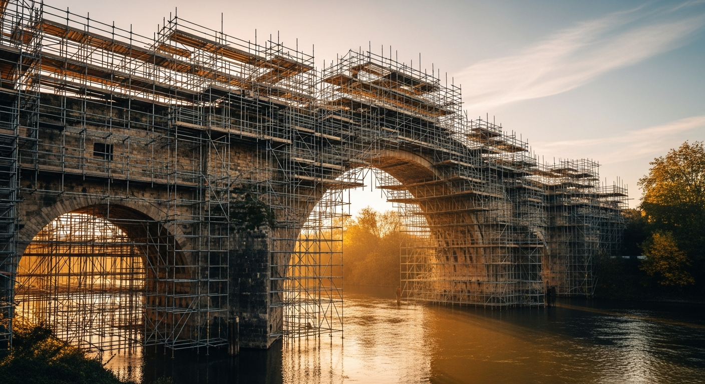 Echafaudage génie civil ouvrages d'arts complexe installé sur un grand pont en béton en cours de rénovation.