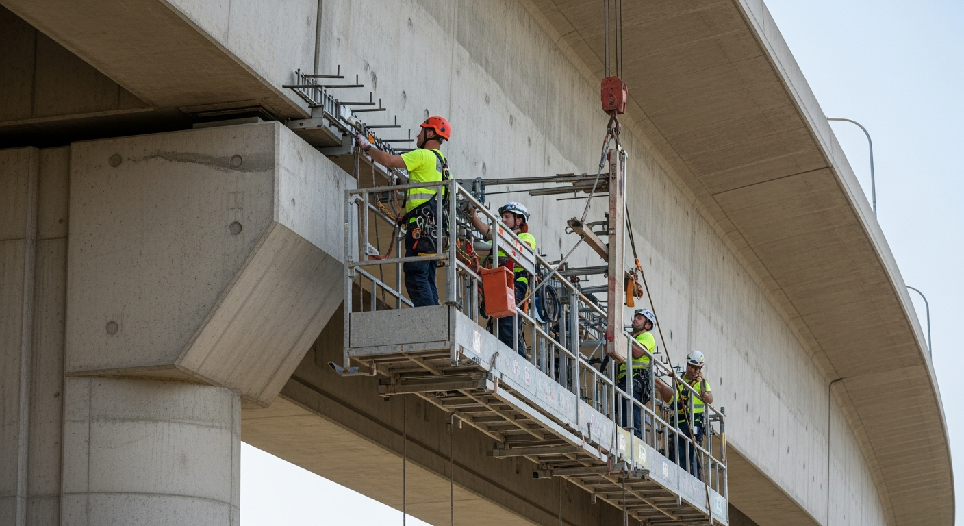 Echafaudage génie civil ouvrages d'arts suspendu sous un viaduc pour des travaux d'inspection et de maintenance.