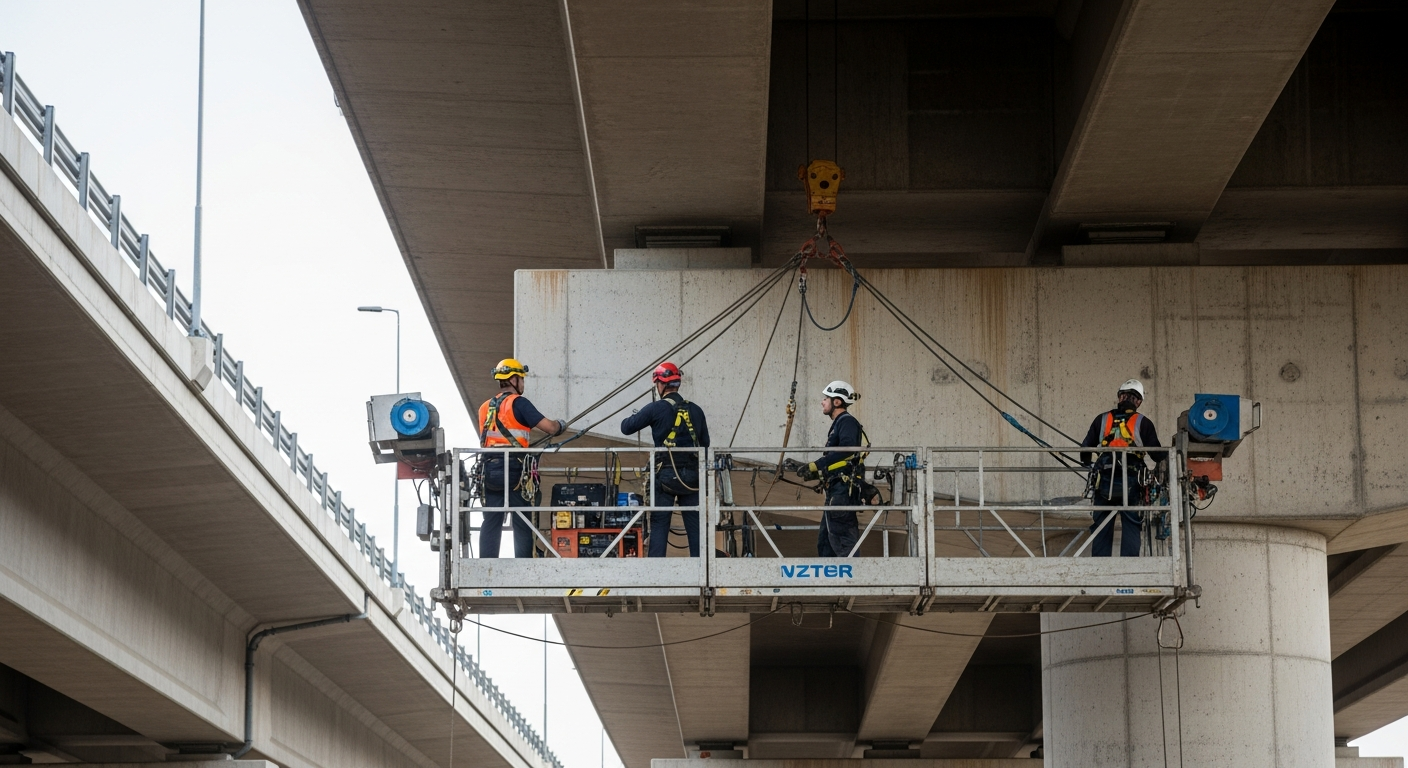 Echafaudage génie civil ouvrages d'arts : vue rapprochée des techniciens assemblant la structure sur un chantier.