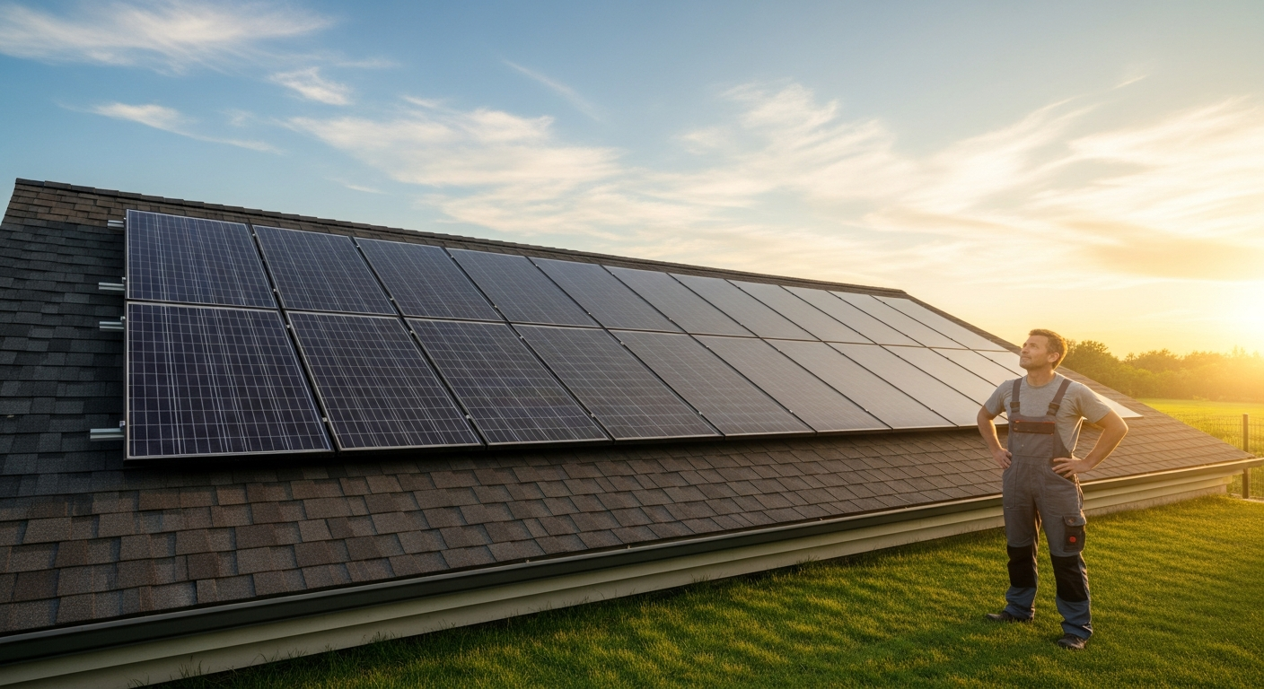 DIY Solar Panel Installation on a modern residential rooftop with the sun shining brightly on the clean, new panels.