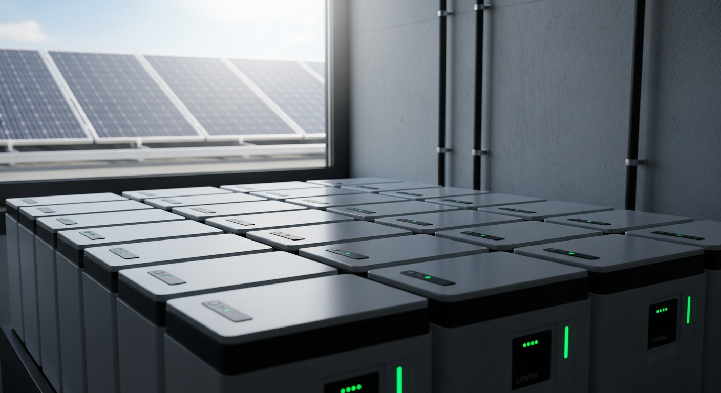 Batteries solaires LiFePO4 installées dans un système de stockage d'énergie domestique moderne.