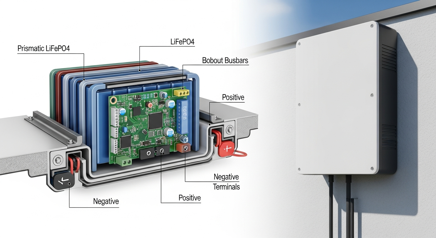 Batteries solaires LiFePO4 montrant la structure interne des cellules et le système de gestion de batterie (BMS).