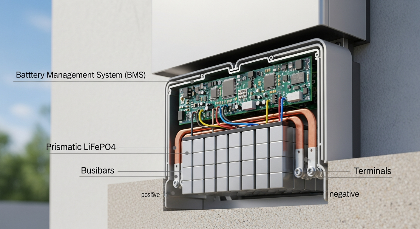 Batteries solaires LiFePO4 connectées à un onduleur solaire et à des panneaux dans une installation complète.