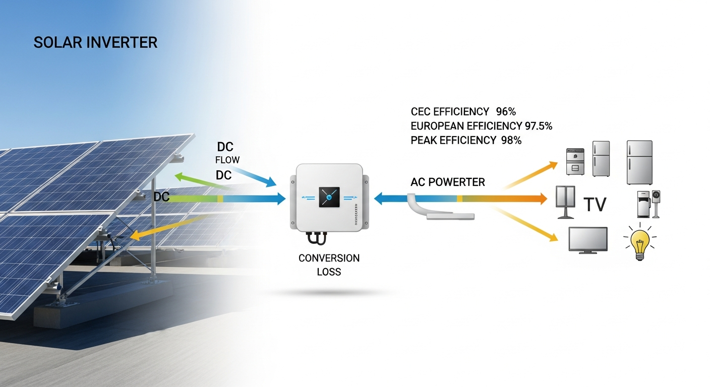Solar Inverter Efficiency detailed technical diagram illustrating the DC to AC conversion process and highlighting key components that impact performance.