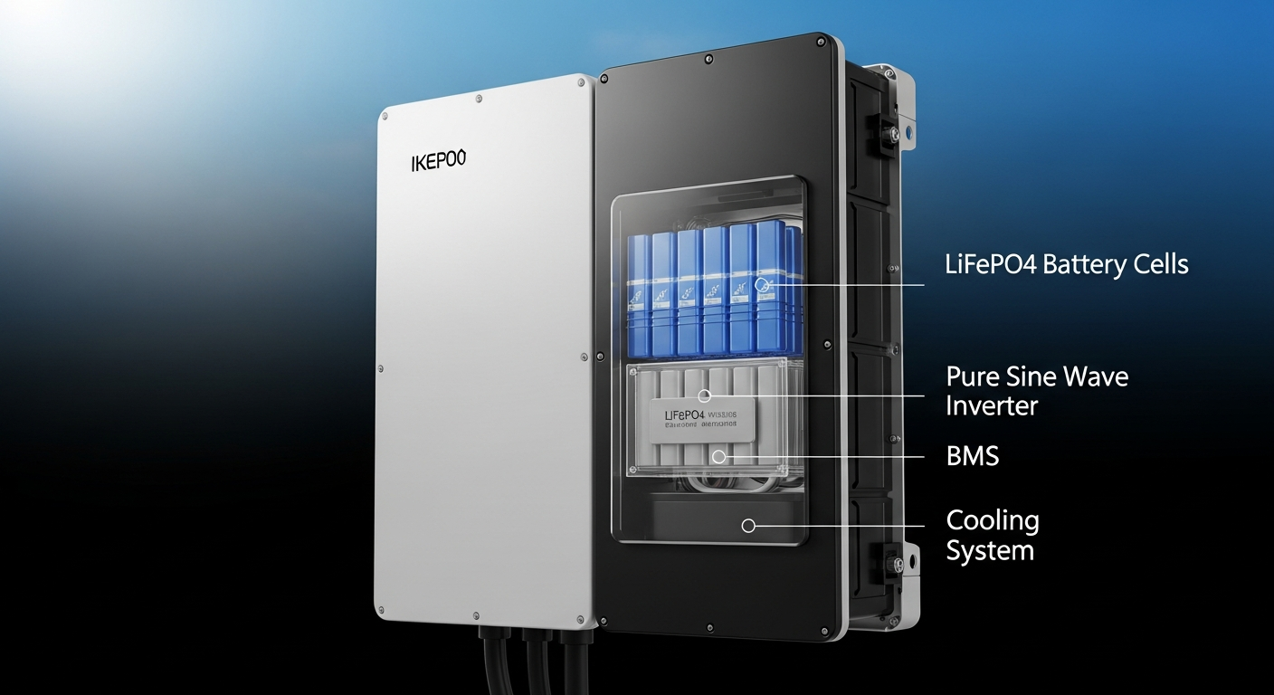 battery power station detailed technical diagram showing battery cells and inverter components