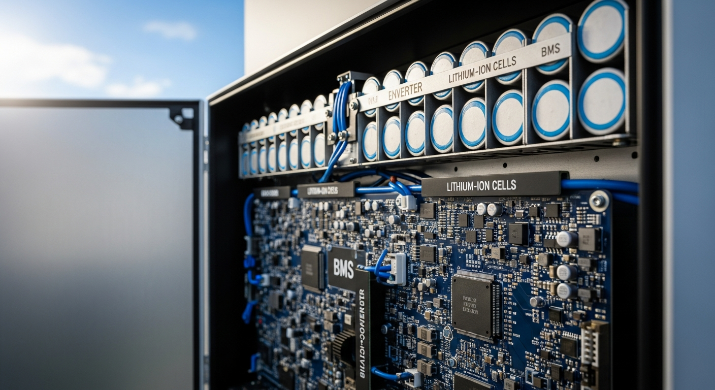 Batterie domestique schéma technique détaillé montrant les connexions et les cellules