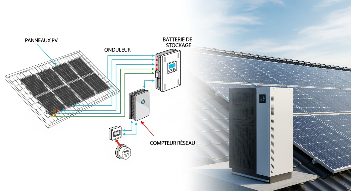 Schéma technique d'un système de panneaux solaires résidentiel complet.