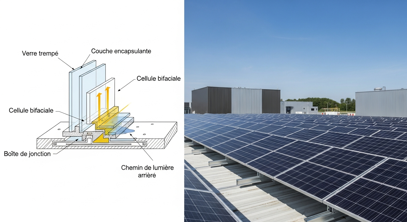 Schéma technique d'un panneau solaire bifacial et ses composants.