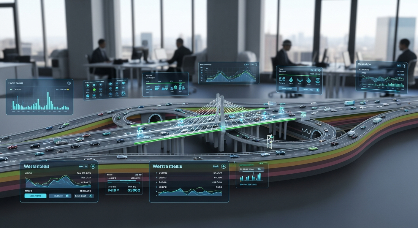 Le logiciel de conception de routes affichant une modélisation 3D d'un projet d'infrastructure routière complexe.