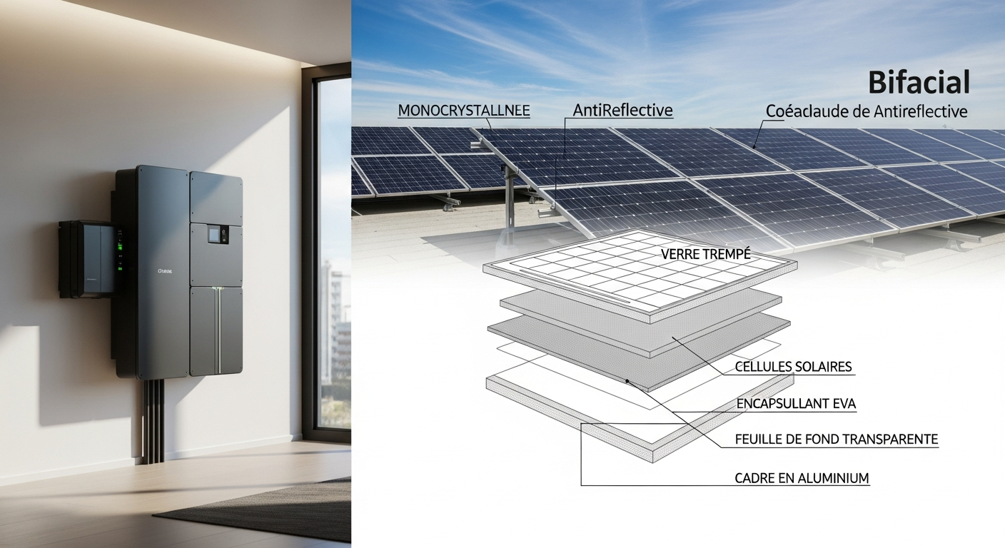 Schéma technique détaillé d'un panneau solaire bifacial avec ses composants.