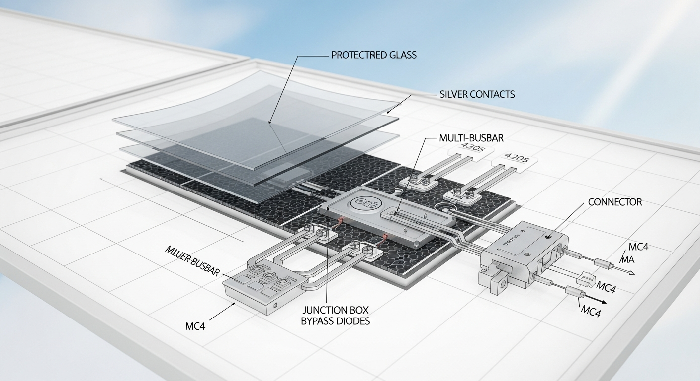 Panneau solaire schéma des composants internes et câblage technique.