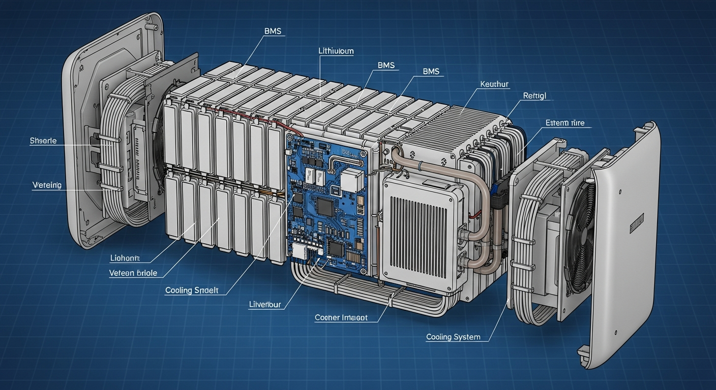Energy storage battery technical schematic detailing the internal lithium-ion cells and Battery Management System.