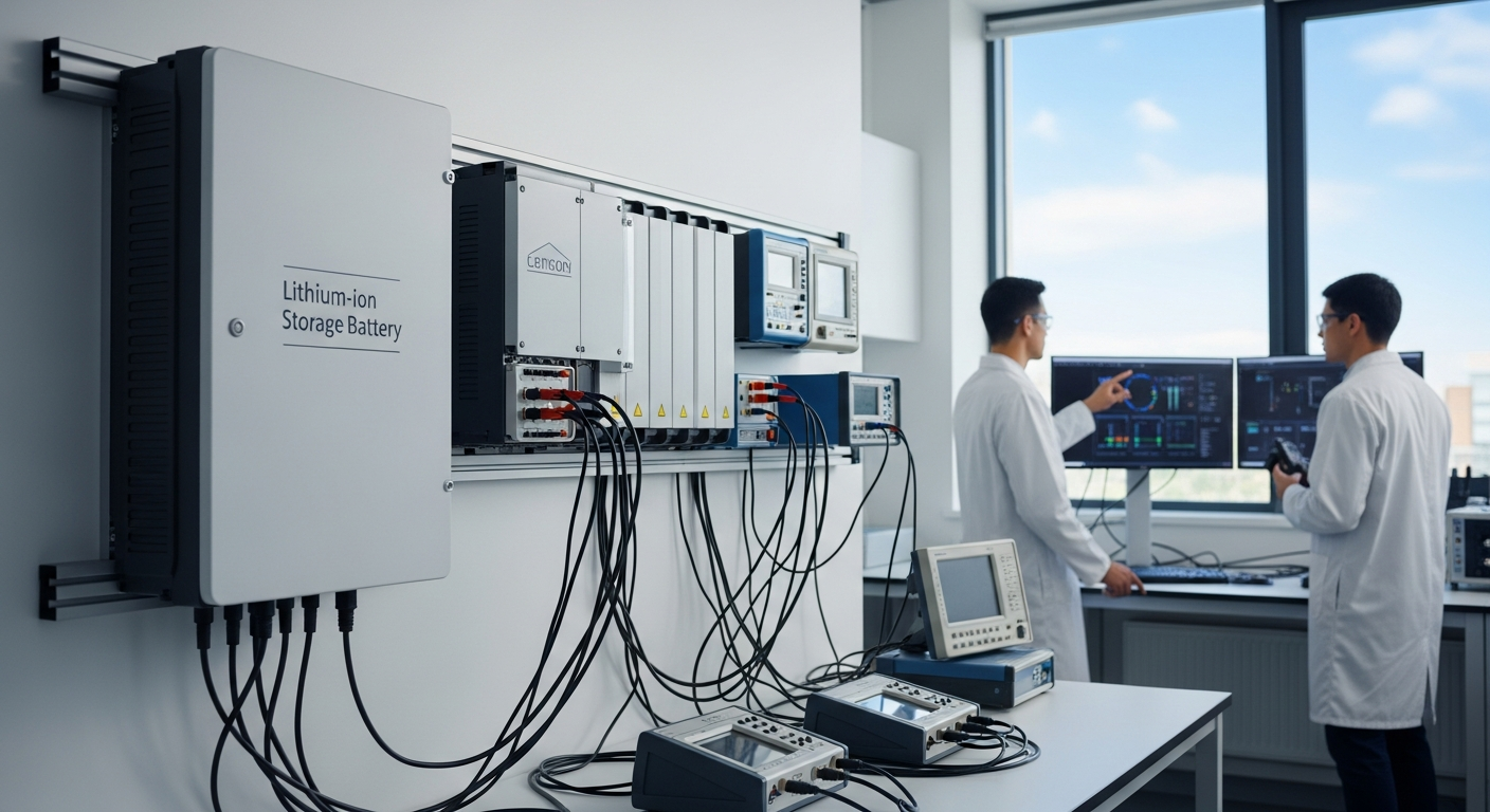Energy storage battery undergoing rigorous engineering testing for safety and performance in a certified lab.
