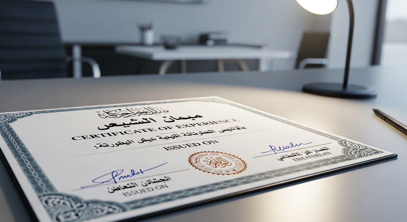 شهادة خبرة مهنية باللغتين العربية والإنجليزية.