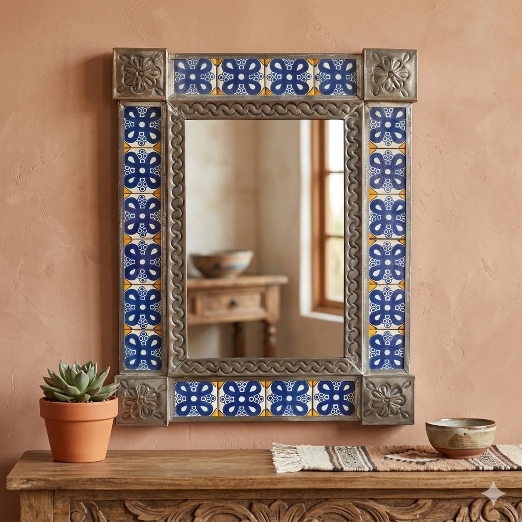 Espejo Mexicano Artesanal de Talavera y Metal - Imagen 1