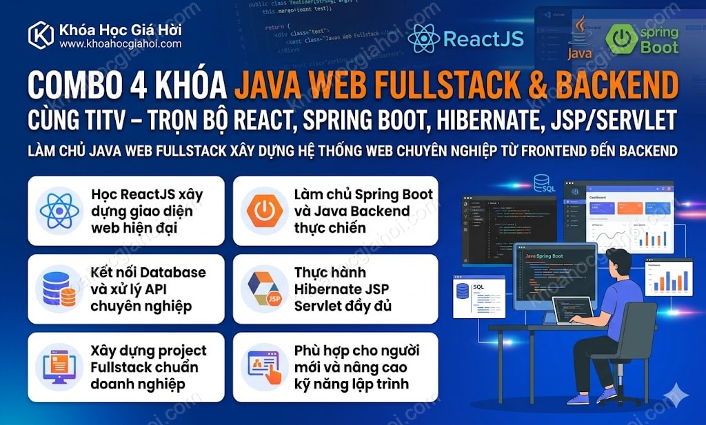 Combo 4 Khóa Java Web Fullstack & Backend Cùng TITV – Trọn Bộ React, Spring Boot, Hibernate, Jsp/Servlet