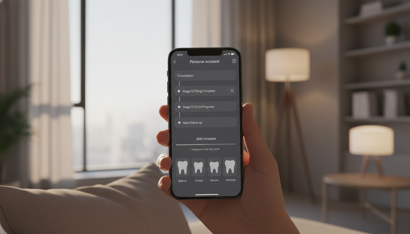 Крупный план руки, держащей смартфон с открытым личным кабинетом OrtoWay, где видны этапы лечения и прогресс, современный интерьер, мягкое освещение