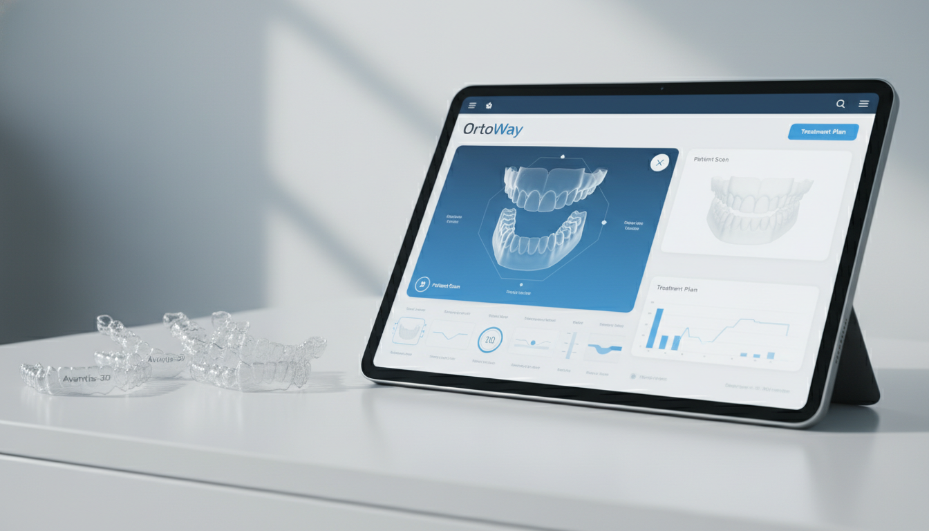 Фотореалистичное изображение современного цифрового интерфейса OrtoWay на планшете, рядом с которым лежат прозрачные элайнеры Avantis-3D, профессиональное освещение, минималистичный фон