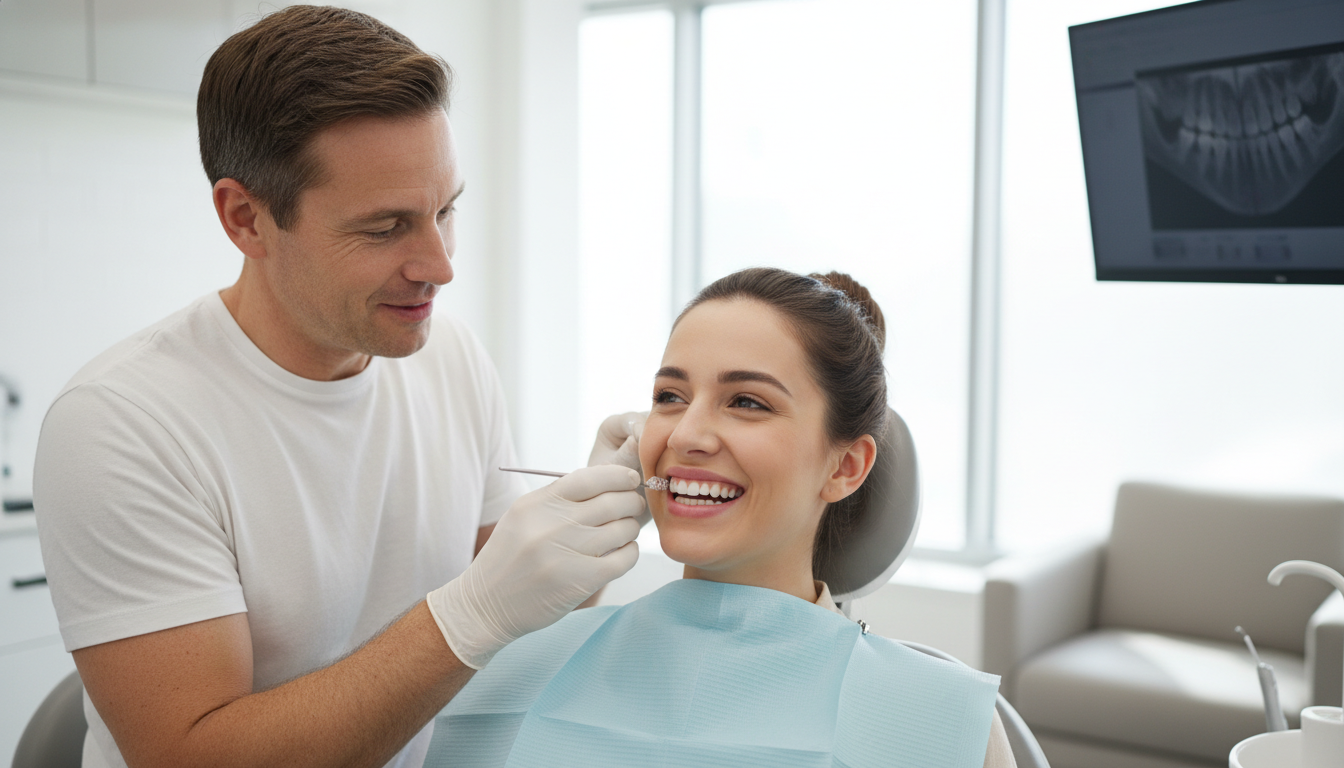 Фотореалистичное изображение счастливого пациента 25-30 лет в процессе установки элайнеров ортодонтом в современном кабинете, естественное освещение, улыбка