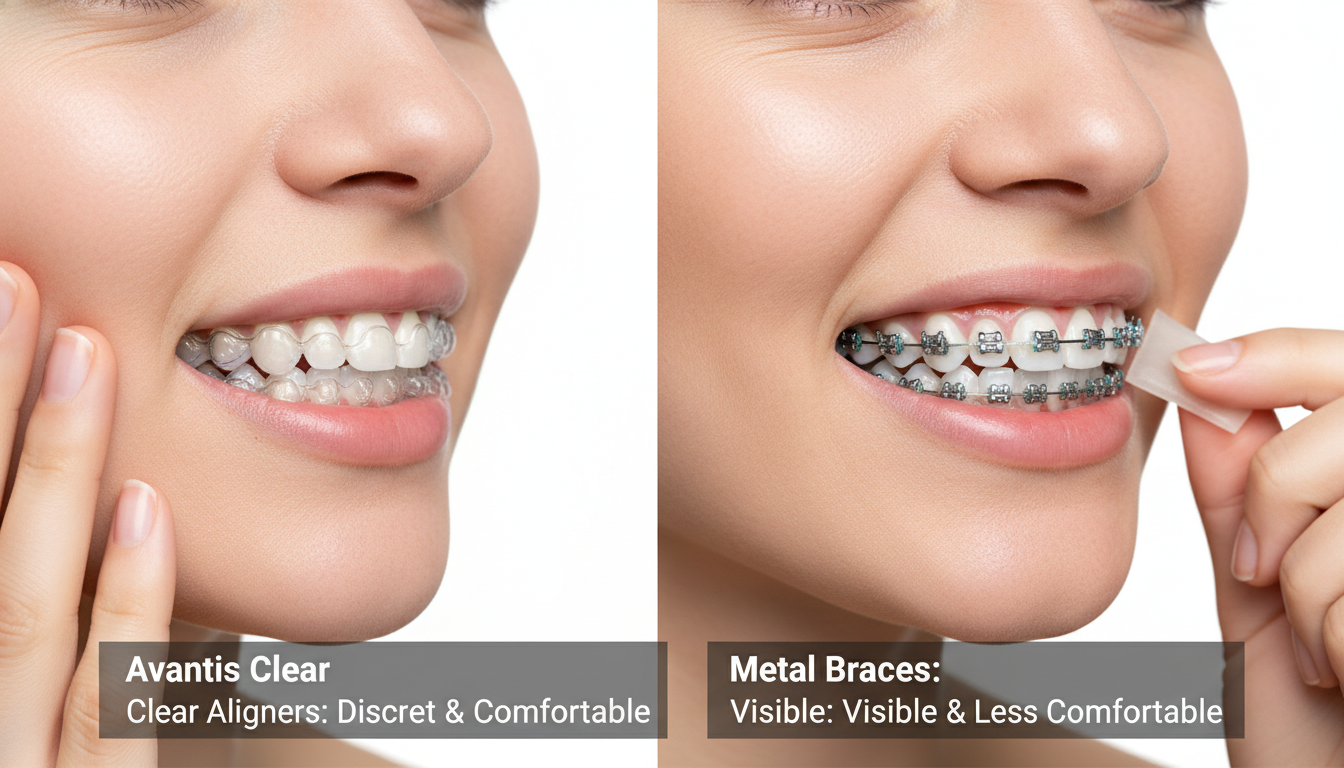Фотореалистичное сравнение прозрачных элайнеров Avantis и металлических брекетов на белом фоне, демонстрирующее эстетическую разницу и комфорт использования