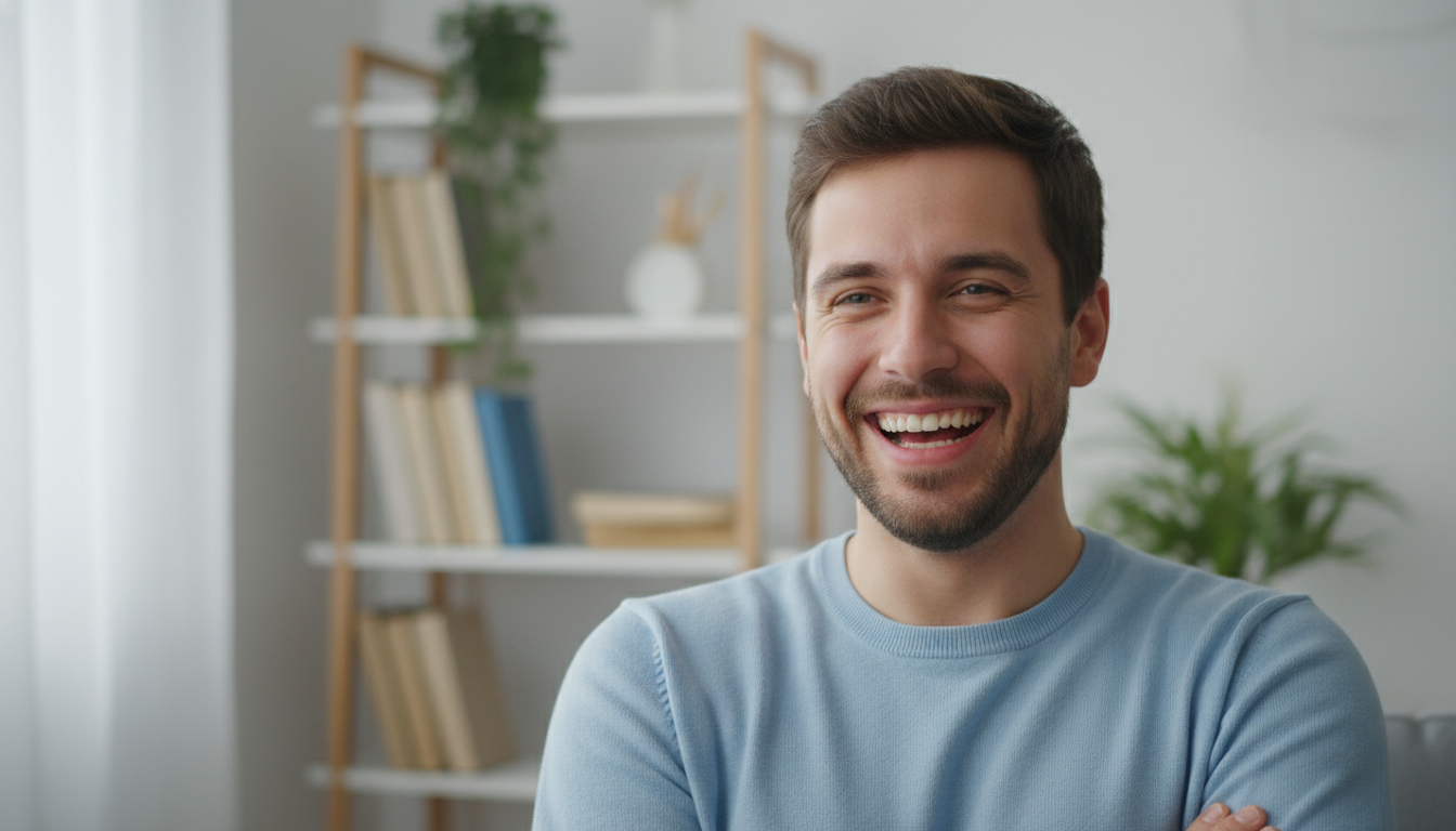 Счастливый молодой человек 25-30 лет демонстрирует свою улыбку с прозрачными элайнерами, естественное освещение, расслабленная поза