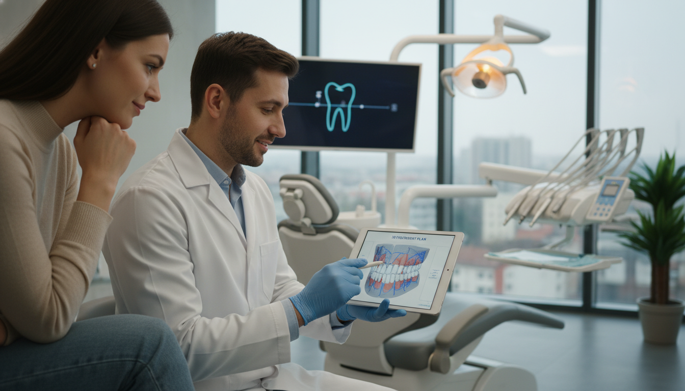 Профессиональный стоматолог показывает пациенту 3D-модель лечения на планшете, современный стоматологический кабинет, доверительная атмосфера