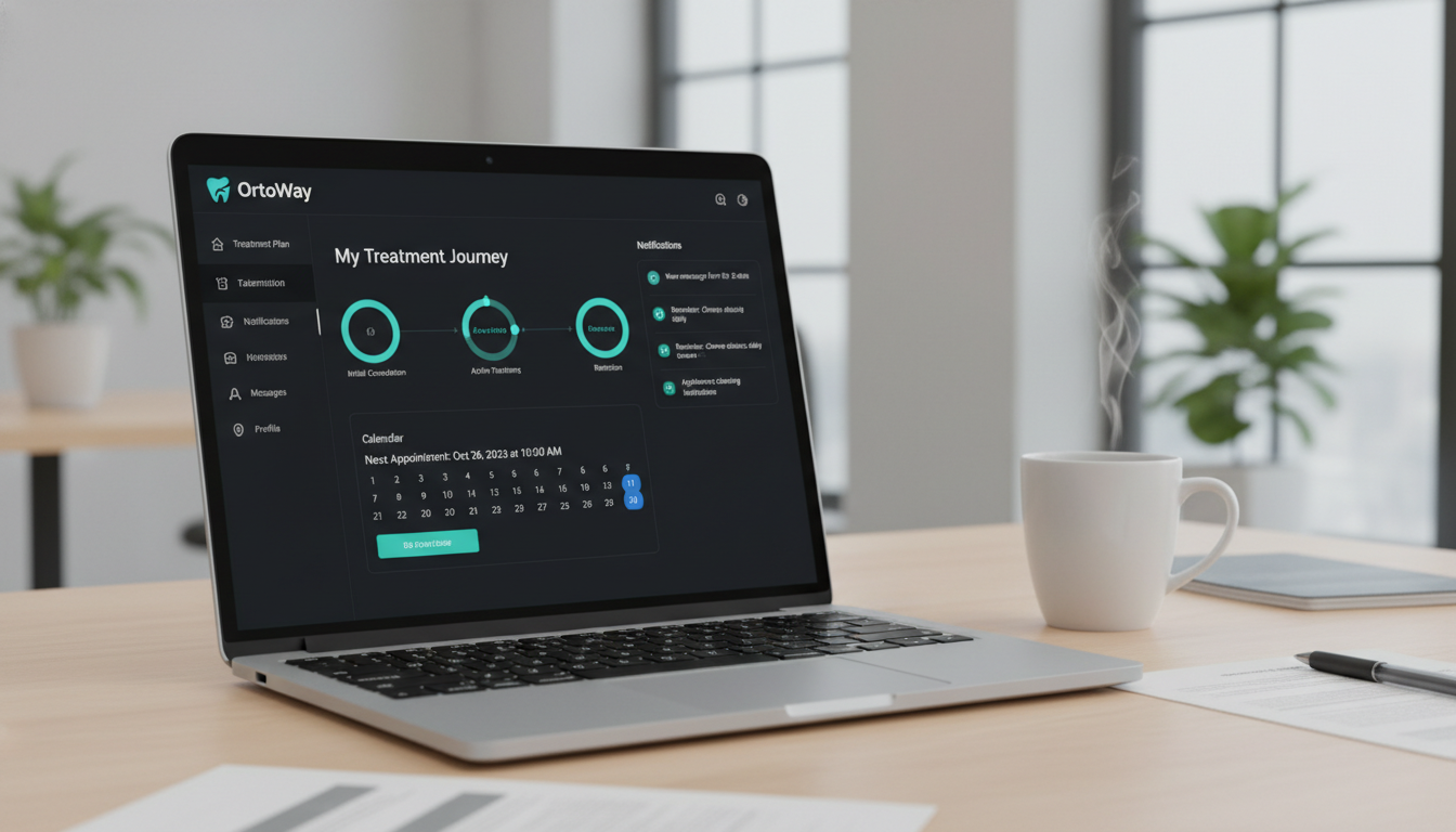 Современный интерфейс личного кабинета OrtoWay на экране ноутбука, показывающий этапы лечения, календарь и уведомления, рабочий стол с чашкой кофе
