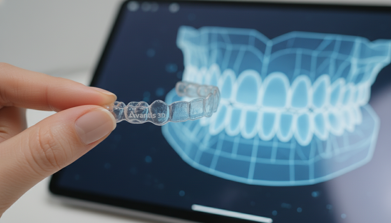 Крупный план руки держащей прозрачный элайнер Avantis 3D на фоне современного цифрового планшета с 3D-моделью зубов, студийный свет