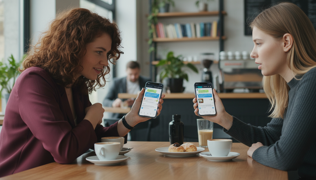 Крупный план смартфона с открытым Telegram-чатом OrtoWay, видны вопросы участников и ответы команды, рабочий стол с чашкой кофе и элайнерами рядом