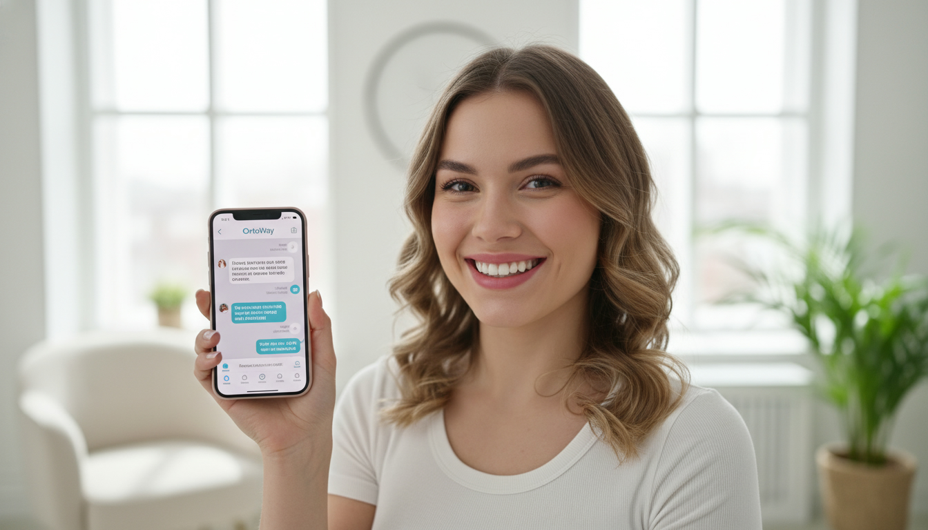 Счастливый пациент показывает красивую улыбку после лечения элайнерами, на заднем плане виден телефон с открытым чатом OrtoWay, светлая современная комната