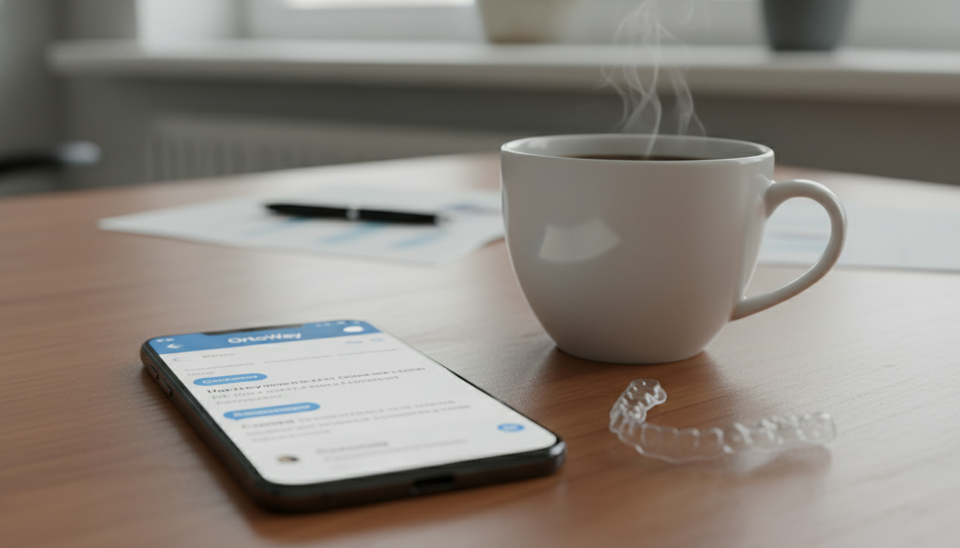 Крупный план смартфона с открытым Telegram-чатом OrtoWay, видны вопросы участников и ответы команды, рабочий стол с чашкой кофе и элайнерами рядом